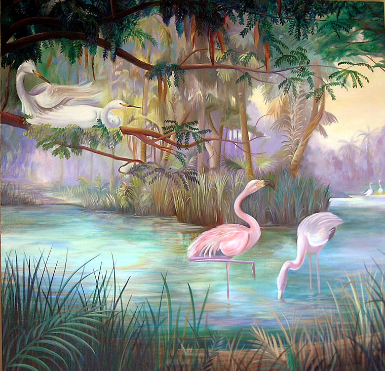 South Florida mural of pink flamingos